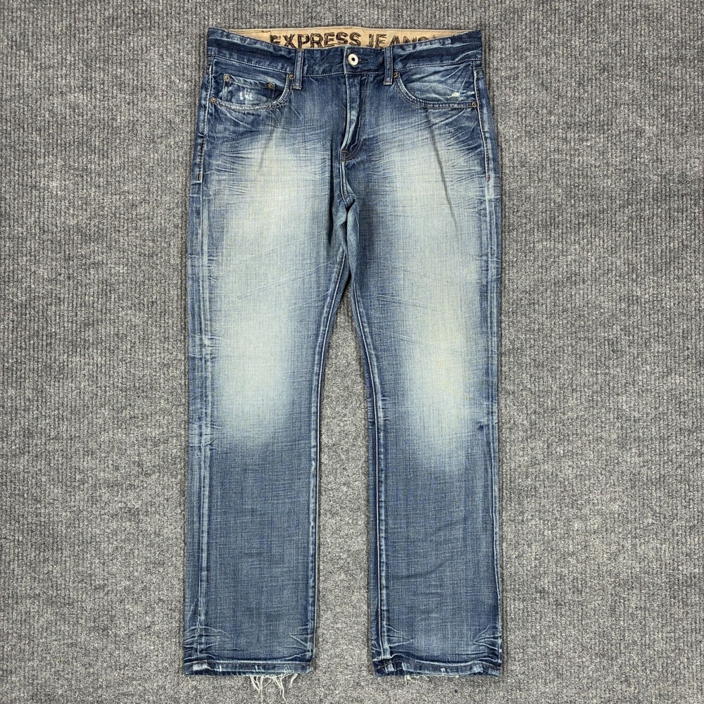 Express Jeans Rocco Slim Straight Mens Size 33x32 Blue Y2K Denim Cotton Low Rise